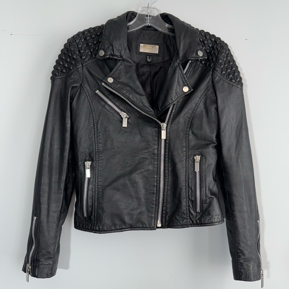 Mango Textured Panel Genuine Leather Biker Jacket Black XS Quilted Shoulder Moto - Picture 8 of 16